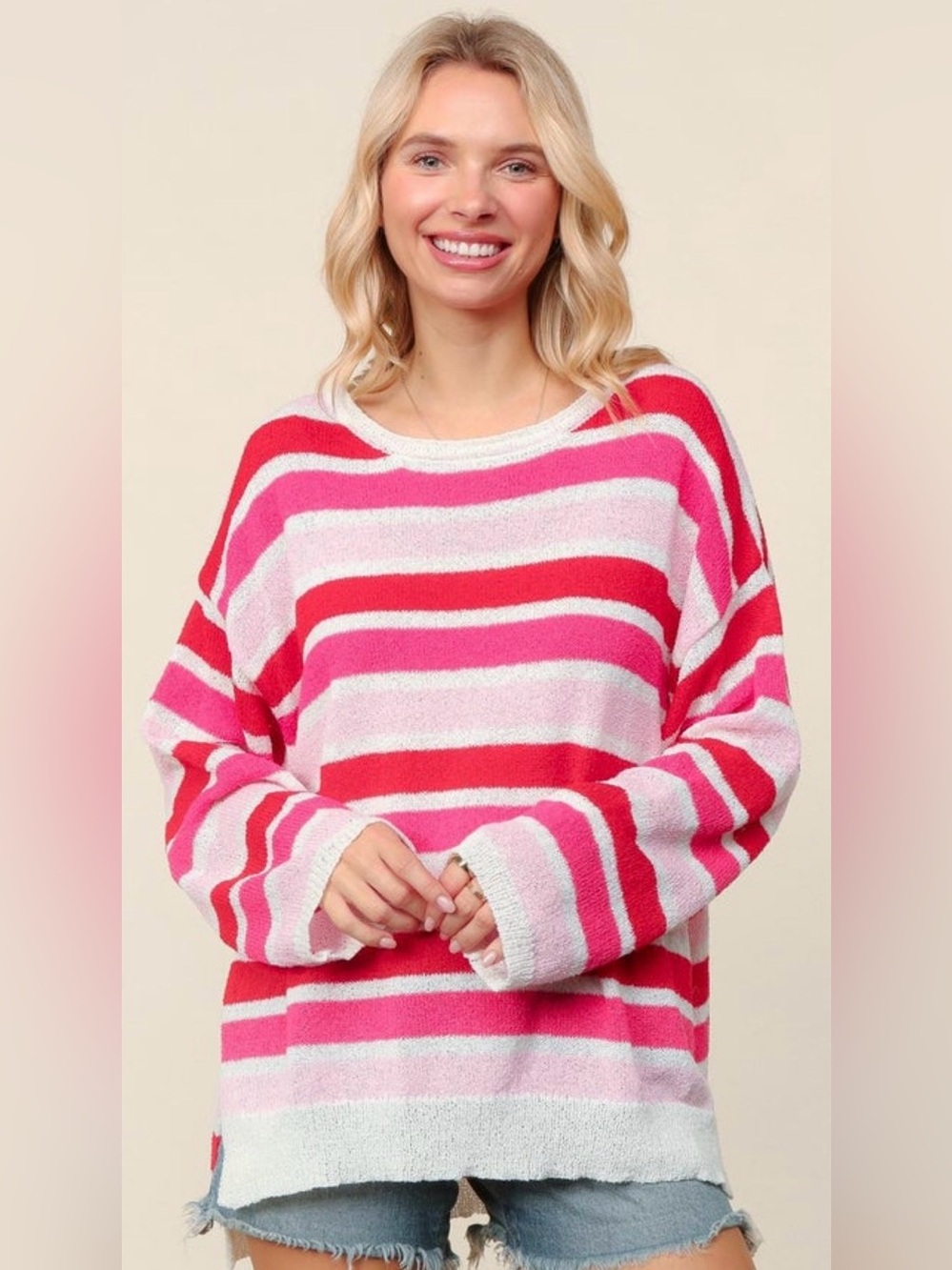Haptics ~ Relaxed Crewneck Striped Sweater in Pink & Red